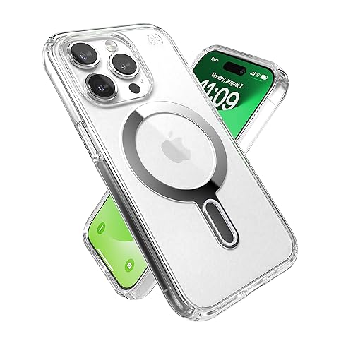 Speck Transparente Schutzhülle für iPhone 15 Pro, ClickLock, rutschfeste Verriegelung, gebaut für MagSafe, Fallschutz, Kratzfest, vergilbungsfrei, 15,5 cm (6,1 Zoll), Presidio Clear/Chrom Speck Transparente Schutzhülle für iPhone 15 Pro, ClickLock, rutschfeste Verriegelung, gebaut für MagSafe, Fallschutz, Kratzfest, vergilbungsfrei, 15,5 cm (6,1 Zoll), Presidio Clear/Chrom von Speck