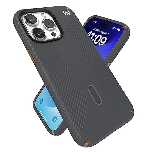 Speck iPhone 15 Pro Max Hülle – ClickLock-Anti-Rutsch-Interlock, MagSafe-kompatibel, Fallschutz-Griff – Soft Touch 6,7 Zoll Handyhülle – Presidio2 Grip Kohlegrau/Kaltbronze/Weiß von Speck