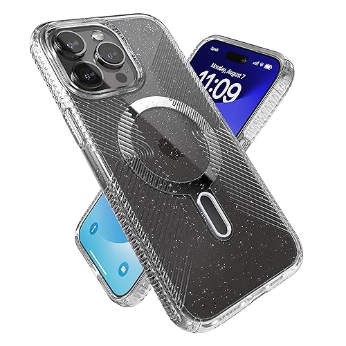 Speck iPhone 15 Pro Max Hülle – ClickLock rutschfeste Interlock, MagSafe kompatibel, Fallschutzgriff – Anti-Vergilbung 6,7 Zoll Handyhülle – Presidio Lux Grip Clear/Platinum Glitter von Speck