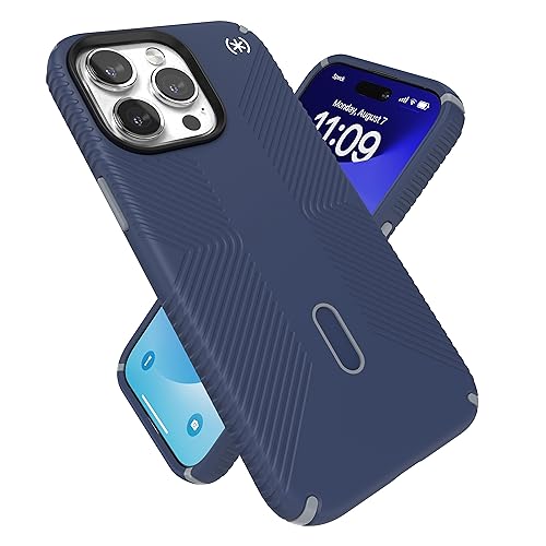 Speck iPhone 15 Pro Max Hülle – ClickLock rutschfeste Interlock, MagSafe kompatibel, Fallschutzgriff – Kratzfest, weiche Haptik, 6,7 Zoll Handyhülle – Presidio2 Grip Coastal Blue/Dust Grey/White von Speck