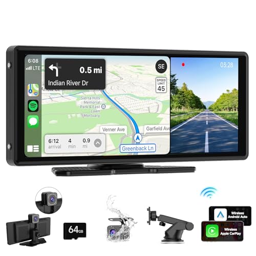 2024 Neuestes Wireless Apple CarPlay & Android Auto mit 4K Frontkamera, 1080P Rückfahrkamera, 9.3-Zoll IPS Car Screen CarPlay Display mit Bluetooth, Mirror Link, AUX/FM Transmitter, 64G TF Karte von Spedal