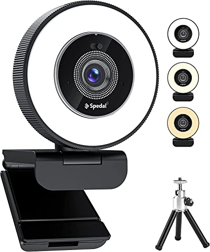 Spedal Webcam 4k mit Ringlicht, integriertem Doppelmikrofon & Privacy-Schieber – Schneller Autofokus, einstellbare Helligkeit, USB-Streaming-Kamera mit Stativ für Zoom, Teams, YouTube, Skype Meetings von Spedal