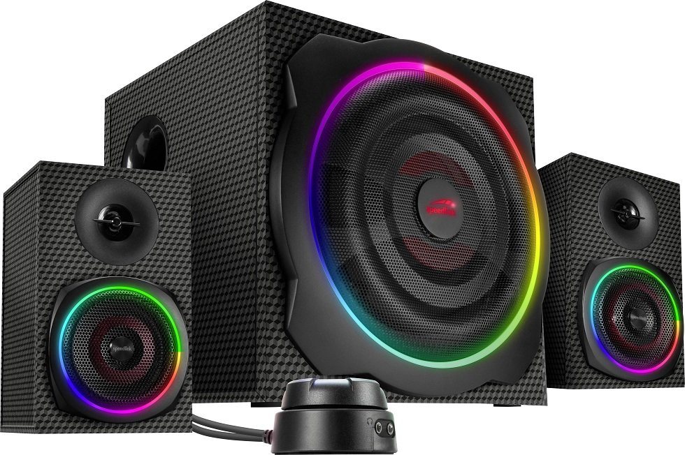 Speedlink GRAVITY CARBON RGB 2.1 Soundsystem 2.1 (60 W, Subwoofer, Lautsprechersystem mit Bluetooth-Verbindung, für Smartphone/Tablet, 120W Peak-Power) von Speedlink