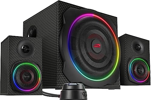 Speedlink GRAVITY CARBON RGB PC Lautsprecher 2.1 Soundsystem Bluetooth - mit Subwoofer aus Holz, Aktiv Lautsprechersystem 120 Watt, 3,5mm Klinke, AUX, Tischfernbedienung, schwarz von Speedlink