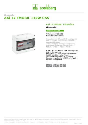 Spelsberg 73610201 AKi 12 EMOBIL 11kW-ÜSS Kleinverteiler Inhalt 1St. von Spelsberg