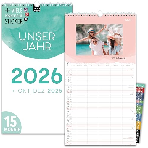 Bastelkalender 2026 Fotokalender zum Selbstgestalten Wandkalender 2026 DIY Familienplaner 5 Spalten 23x43cm Kalender Planer für Familie 2026 Wandplaner plus STICKER Recycling Urlaub, Pflanzkalender von Spielefabrik