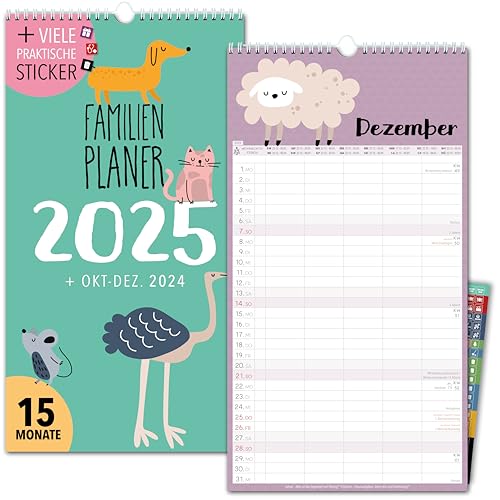Familienkalender 2025 5 Spalten KIDS Familienplaner 2025 und Okt-Dez 2024 Wandkalender 23 x 43cm Planer für Familie 2025 Wandplaner STICKER Recycling Urlaub, Pflanzkalender Kind Tiere süß niedlich von Spielefabrik