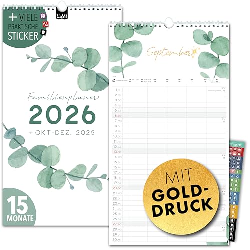 Familienkalender 2026 5 Spalten EUKALYPTUS Gold Familienplaner 2026 mit STICKER Urlaub Recycling Ferien Wandplaner 2026 Wandkalender 23 x 43cm inkl. Okt-Dez 2025, Pflanzkalender, Eukalyptus Deko Gold von Spielefabrik