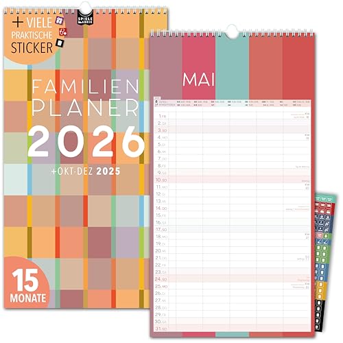 Familienkalender 2026 5 Spalten FARBEN Familienplaner 2026 mit STICKER Urlaub Recycling Ferien Wandplaner 2026 Wandkalender 23 x 43cm inkl. Okt-Dez 2025, Pflanzkalender, bunt farbenfroh farbig von Spielefabrik