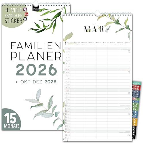Familienkalender 2026 5 Spalten FLORAL Familienplaner 2026 mit STICKER Urlaub Recycling Ferien Wandplaner 2026 Wandkalender 23 x 43cm inkl. Okt-Dez 2025, Pflanzkalender, Blume Flower Garten Boho von Spielefabrik