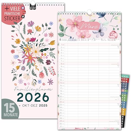 Familienkalender 2026 5 Spalten GARTENLIEBE Familienplaner 2026 mit STICKER Urlaub Recycling Ferien Wandplaner 2026 Wandkalender 23 x 43cm inkl. Okt-Dez 2025, Pflanzkalender, Blumen Flower Garten von Spielefabrik