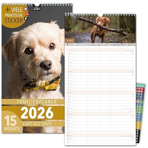 Familienkalender 2026 5 Spalten HUNDE Familienplaner 2026 mit STICKER Urlaub Recycling Ferien Wandplaner 2026 Wandkalender 23 x 43cm inkl. Okt-Dez 2025, Pflanzkalender, süße Welpen Dogs Hund von Spielefabrik