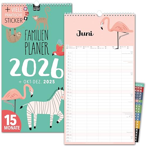 Familienkalender 2026 5 Spalten KIDS Familienplaner 2026 mit STICKER Urlaub Recycling Ferien Wandplaner 2026 Wandkalender 23 x 43cm inkl. Okt-Dez 2025, Pflanzkalender, Kinder Tiere süß niedlich von Spielefabrik