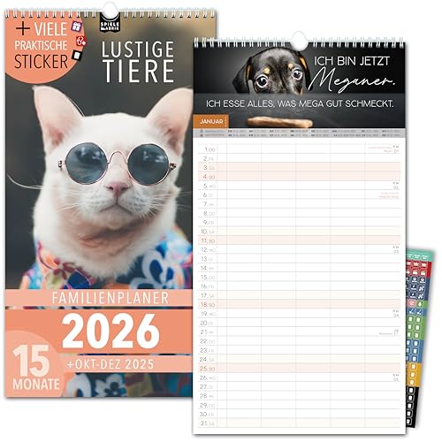 Familienkalender 2026 5 Spalten LUSTIGE TIERE Familienplaner 2026 mit STICKER Urlaub Recycling Ferien Wandplaner 2026 Wandkalender 23 x 43cm inkl. Okt-Dez 2025, Pflanzkalender, Katze Hund witzig von Spielefabrik