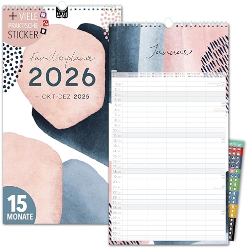 Familienkalender 2026 5 Spalten PASTELL Familienplaner 2026 mit STICKER Urlaub Recycling Ferien Wandplaner 2026 Wandkalender 23 x 43cm inkl. Okt-Dez 2025, Pflanzkalender, Kunst Design Boho von Spielefabrik