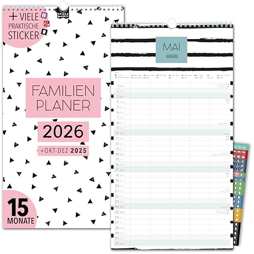 Familienkalender 2026 5 Spalten SCHWARZ-WEIß COLOUR Familienplaner 2026 mit STICKER Urlaub Recycling Ferien Wandplaner 2026 Wandkalender 23 x 43cm inkl. Okt-Dez 2025, Pflanzkalender, black white von Spielefabrik