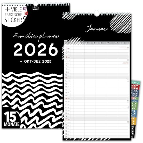 Familienkalender 2026 5 Spalten SCHWARZ-WEIß Familienplaner 2026 mit STICKER Urlaub Recycling Ferien Wandplaner 2026 Wandkalender 23 x 43cm inkl. Okt-Dez 2025, Pflanzkalender, black white Design von Spielefabrik