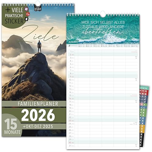 Familienkalender 2026 5 Spalten ZIELE Familienplaner 2026 mit STICKER Urlaub Recycling Ferien Wandplaner 2026 Wandkalender 23 x 43cm inkl. Okt-Dez 2025, Pflanzkalender, Motivation Sprüche Mut von Spielefabrik