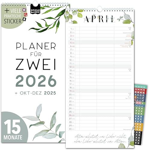 Paarplaner 2026 3 Spalten FLORAL Planer für Zwei 2026 STICKER Recycling Urlaub Partnerkalender 2026 16x32,5cm, inkl. Okt-Dez 2025 Wandplaner Paar 2 Personen, Pflanzkalender Blumen Flower Boho von Spielefabrik