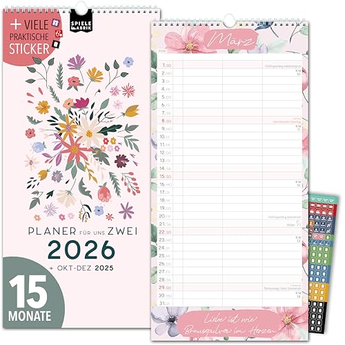 Paarplaner 2026 3 Spalten GARTENLIEBE Planer für Zwei 2026 STICKER Recycling Urlaub Partnerkalender 2026 16x32,5cm, inkl. Okt-Dez 2025 Wandplaner Paar 2 Personen, Pflanzkalender Garten Floral von Spielefabrik