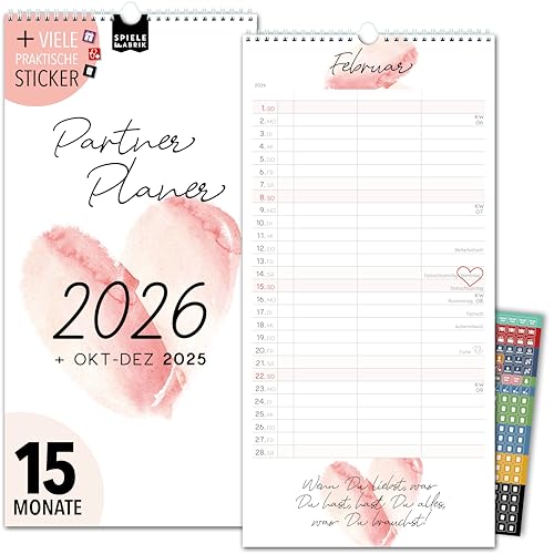 Paarplaner 2026 3 Spalten LIEBE AQUA Planer für Zwei 2026 STICKER Recycling Urlaub Partnerkalender 2026 16x32,5cm, inkl. Okt-Dez 2025 Wandplaner Paar 2 Personen, Pflanzkalender Love Herz von Spielefabrik