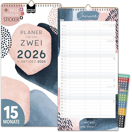 Paarplaner 2026 3 Spalten PASTELL Planer für Zwei 2026 STICKER Recycling Urlaub Partnerkalender 2026 16x32,5cm, inkl. Okt-Dez 2025 Wandplaner Paar 2 Personen, Pflanzkalender Wasserfarben Farben von Spielefabrik