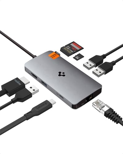 Spigen 8-in-1 USB C Hub Multiport Adapter 100W PD 3.0 microSD/SD Kartenleser 5Gbps Datenanschluss für MacBook Pro Air M1 M2 Steam Deck Dell XPS 4K 60Hz HDMI Ethernet USB C und 3 USB A Anschluss von Spigen