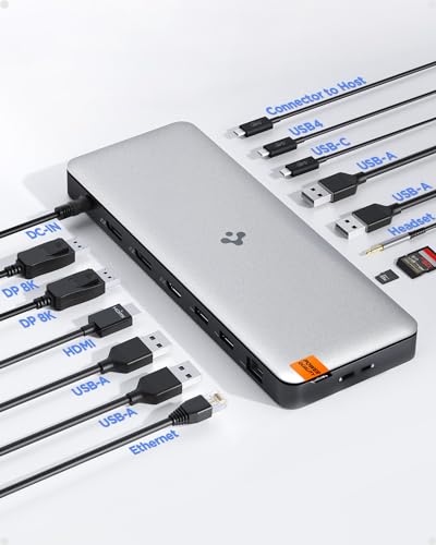 Spigen ArcDock Pro 14 in 1 Docking Station, Dreifach Dual Monitore Hub 8K 4K HDMI DP Thunderbolt 4 dock USB4 96W Micro/SD 4.0 Ethernet für MacBook Pro/Air/M1/M2 Windows[USB C Kabel, Adapter enthalten] von Spigen