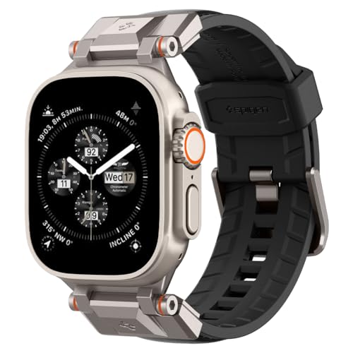 Spigen Dura Pro Armor Armband Entwickelt für Apple Watch Ultra 2/1 49mm, Serie 10 46mm und Serie 9/8/7/6/5/4/SE 45mm,44mm Robustes Ersatzarmband mit Metallverbinder - PU Schwarz von Spigen