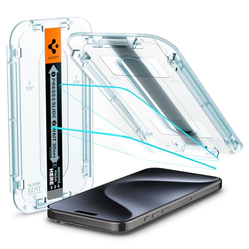 Spigen Glas.tR EZ Fit Schutzfolie kompatibel mit iPhone 15 Pro, 2 Stück, Kratzfest, 9H Härte Folie von Spigen