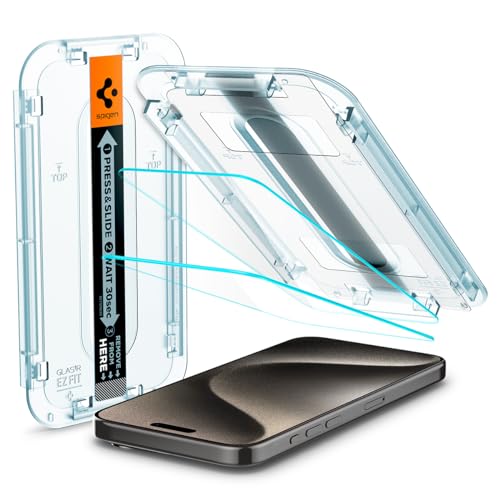 Spigen Glas.tR EZ Fit Schutzfolie kompatibel mit iPhone 15 Pro Max, 2 Stück, Kratzfest, 9H Härte Folie von Spigen
