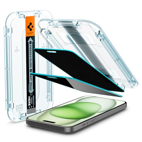 Spigen Glas.tR EZ Fit Sichtschutz Schutzfolie kompatibel mit iPhone 15 Plus, 2 Stück, Privacy Schutz, Kratzfest, 9H Härte Folie von Spigen