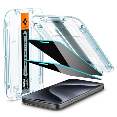 Spigen Glas.tR EZ Fit Sichtschutz Schutzfolie kompatibel mit iPhone 15 Pro, 2 Stück, Privacy Schutz, Kratzfest, 9H Härte Folie von Spigen