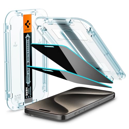 Spigen Glas.tR EZ Fit Sichtschutz Schutzfolie kompatibel mit iPhone 15 Pro Max, 2 Stück, Privacy Schutz, Kratzfest, 9H Härte Folie von Spigen