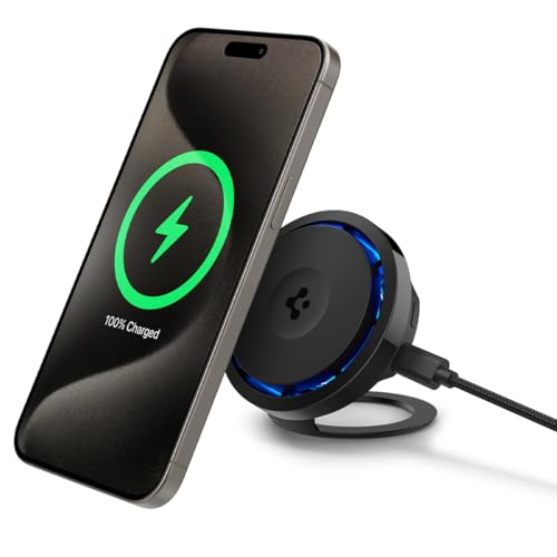 Spigen OneTap Pro 3 Cryomax Qi2 15W MagSafe Ladegerät mit ausklappbarem Ständer, Kabellose Stand Ladestation, Kabelloses Ladestation, Kompatibel mit iPhone 16 16e 15 14 13 12 Pro Max Plus - Schwarz von Spigen