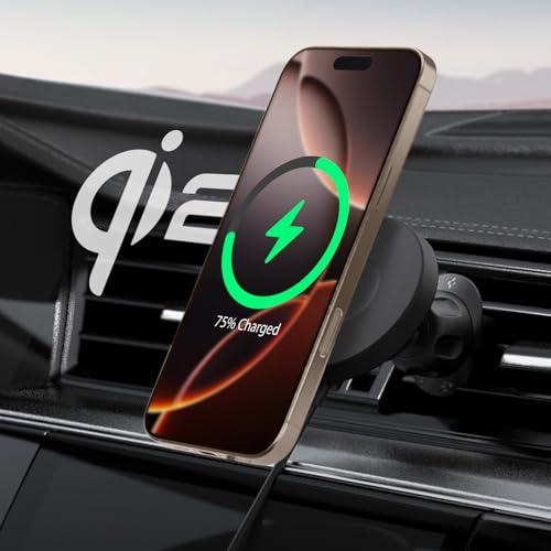 Spigen OneTap Pro 4 Qi2 15W MagSafe Autohalterung mit Ladefunktion【Qi2 Zertifiziert & Lüftungsclip】 Ladegerät, Schellladen, Auto Handyhalterung für iPhone 16, 15, 14, 13, 12 Pro Max Plus Mini von Spigen