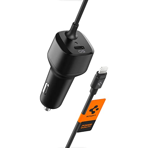 Spigen USB C Auto Ladegerät Total 47W PD 27W mit eingebautem Lightning Kabel 20W schnellaufladen Type C Auto Adapter für iPhone 14 13 Plus Pro Max SE 2022 12 Mini iPad Air Pro Steam Deck und mehr von Spigen