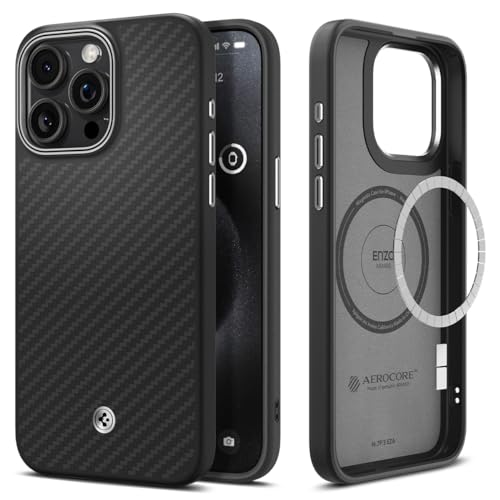 Spigen für iPhone 15 Pro Enzo Aramid MagFit Hülle [Kevlar 1500D Schutz] Aramidfaser Stoßfest Schutzhülle Case Handyhülle Kompatibel mit MagSafe -Schwarz von Spigen