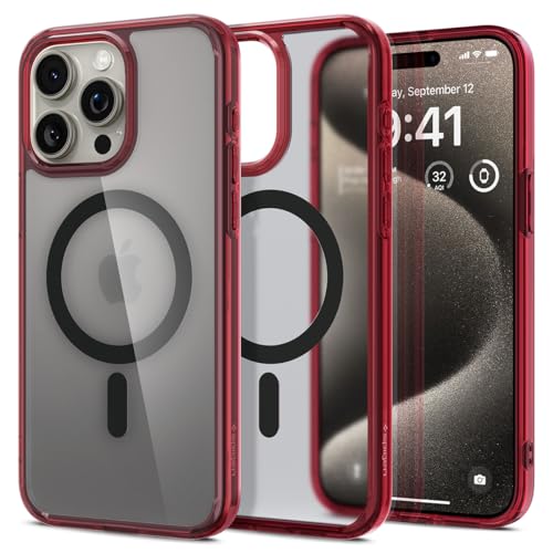Spigen für iPhone 15 Pro Max Ultra Hybrid Frost MagFit Hülle [Anti-Yellowing] Case Handyhülle Transparent Dünn Slim Kompatibel mit MagSafe -Deep Red von Spigen