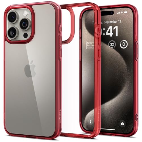 Spigen für iPhone 15 Pro Ultra Hybrid Hülle [Anti-Yellowing] Case Handyhülle Schutzhülle Cover Transparent Durchsichtig Dünn Slim -Deep Red von Spigen