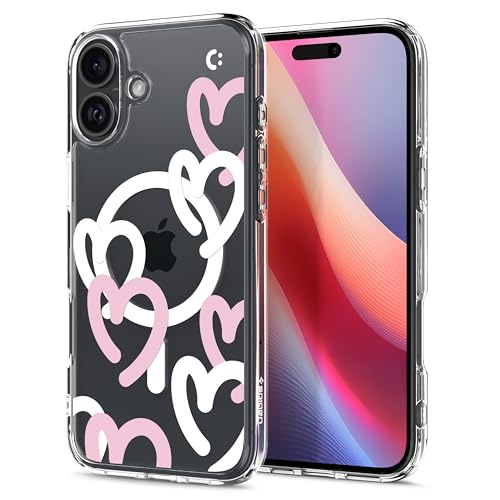 Spigen für iPhone 16 Hülle [Anti-Yellowing] Ultra Hybrid MagFit Case Handyhülle Transparent Dünn Slim Kompatibel mit MagSafe -Hearts White Pink von Spigen