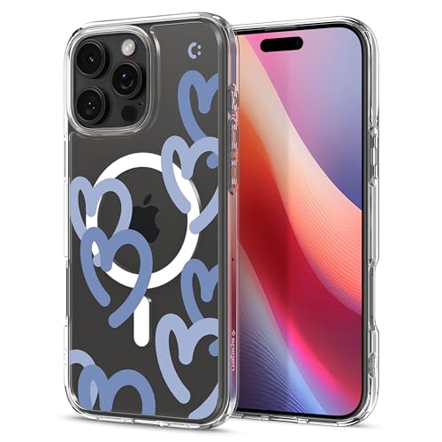 Spigen für iPhone 16 Pro Hülle [Anti-Yellowing] Ultra Hybrid MagFit Case Handyhülle Transparent Dünn Slim Kompatibel mit MagSafe -Hearts Denim von Spigen