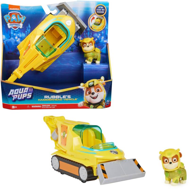 Paw Patrol Aqua Pups - Basis Fahrzeug im Hammerhai-Design mit Rubble-Welpenfigur, Spielfahrzeug von Spin Master
