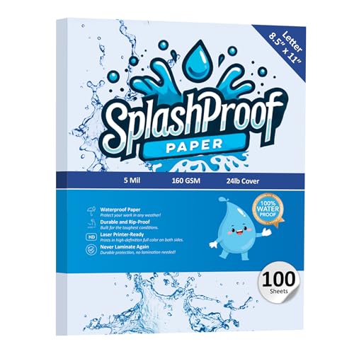 SplashProof Druckerpapier, 21,6 x 27,9 cm, 5 mm wasserdichtes Papier, kompatibel mit Laserdruckern und Kopiermaschinen, 21,6 x 27,9 cm, Buchstabe, 100 Blatt SplashProof Druckerpapier, 21,6 x 27,9 cm, 5 mm wasserdichtes Papier, kompatibel mit Laserdruckern und Kopiermaschinen, 21,6 x 27,9 cm, Buchstabe, 100 Blatt von SplashProof