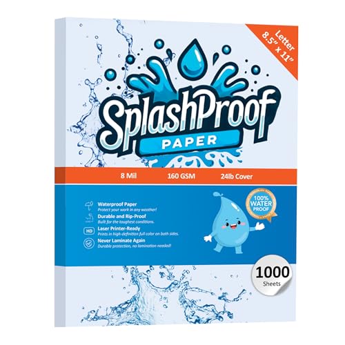SplashProof Druckerpapier, 21,6 x 27,9 cm, 8 mm wasserfestes Papier, kompatibel mit Laserdruckern und Kopiermaschinen (Letter – 21,6 x 27,9 cm, 1.000 Blatt) von SplashProof