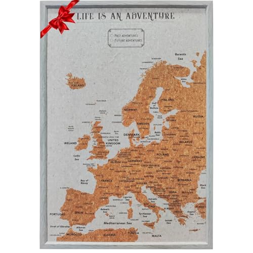 Splosh Reisekarte – Große Europakarte Pinnwand in Grau Holzrahmen Europakarte mit 100 Pins in 2 Farben um Ihre vergangenen & zukünftigen Abenteuer zu markieren Europakarte für Reiseplanung TVB37 von Splosh