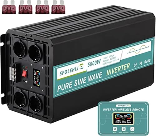5000W Pure Sine Inverter Spolehli 12V DC to 220V AC Automotive Voltage Converter with Wireless Remote Control LCD, 1 USB Port, 4 AC Sockets von Spolehli