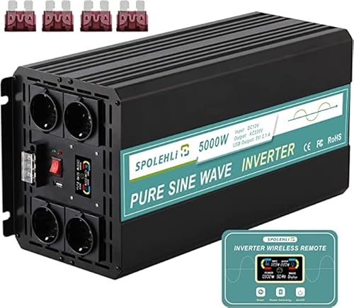 5000W Pure Sine Inverter Spolehli 12V DC to 220V AC Automotive Voltage Converter with Wireless Remote Control LCD, 1 USB Port, 4 AC Sockets 5000W Pure Sine Inverter Spolehli 12V DC to 220V AC Automotive Voltage Converter with Wireless Remote Control LCD, 1 USB Port, 4 AC Sockets von Spolehli