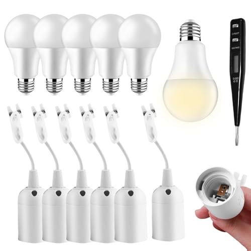6 Stück Lampenfassung E27 und 6 Stück E27 LED Leuchtmittel Set: Lampenfassung E27 mit Kabel mit Spannungsprüfer, 5W 6500K Warmweißes LED E27 Glühbirne, E27 Baufassung Renovierfassung Baulampe von Sporgo