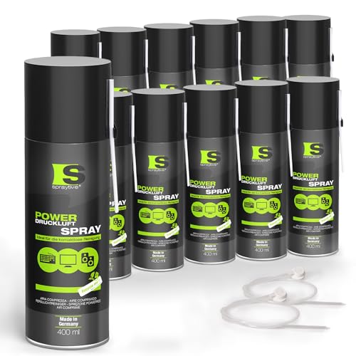 12 x 400ml Spraytive Power Druckluftspray/Druckluftreiniger: Mit 10cm + 50cm Sprühverlängerung - Druckluft aus der Dose Air Duster - Reinigung von Tastatur, PC/Computer, PS5, Kamera - Made in Germany! von Spraytive
